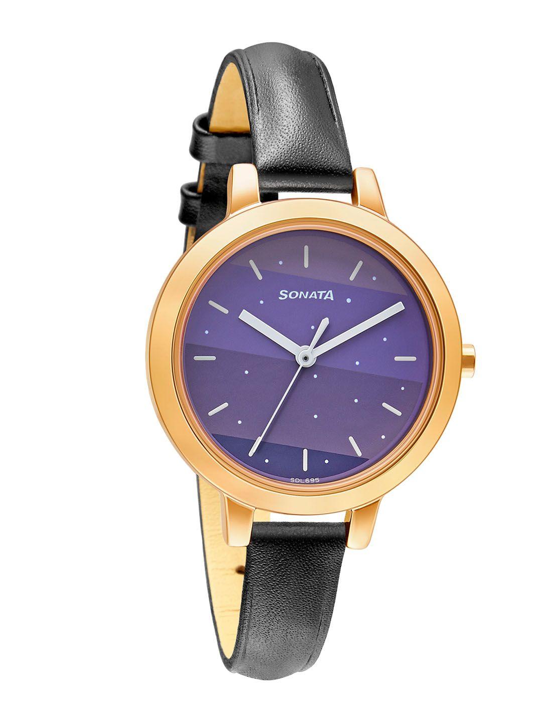 sonata women purple brass dial & black leather straps analogue watch 8141wl06