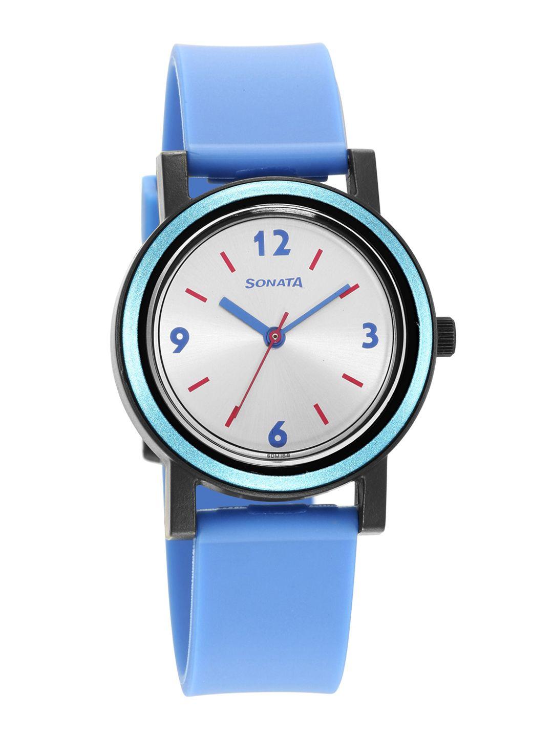 sonata women silver-toned dial & blue straps analogue watch 87038pp03w