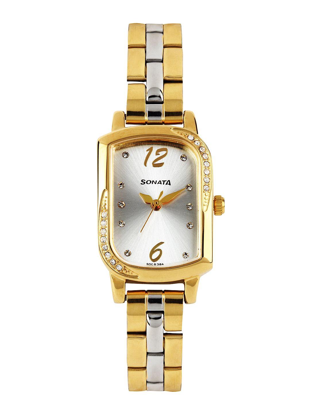 sonata women silver-toned dial watch 87001bm01