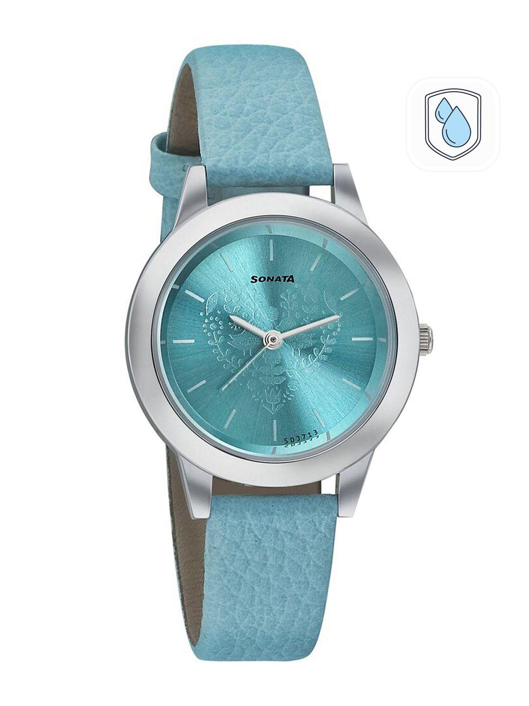 sonata women turquoise blue patterned dial analogue watch nn87019sl09w