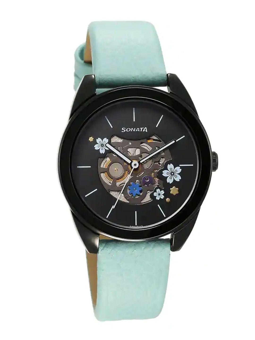 sonata women unveil 2.0 printed dial & leather straps analogue watch 8182nl04