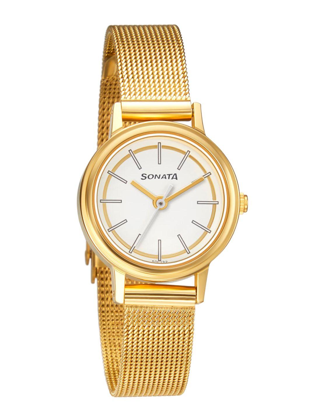sonata women white & gold-toned analogue watch 8096ym09