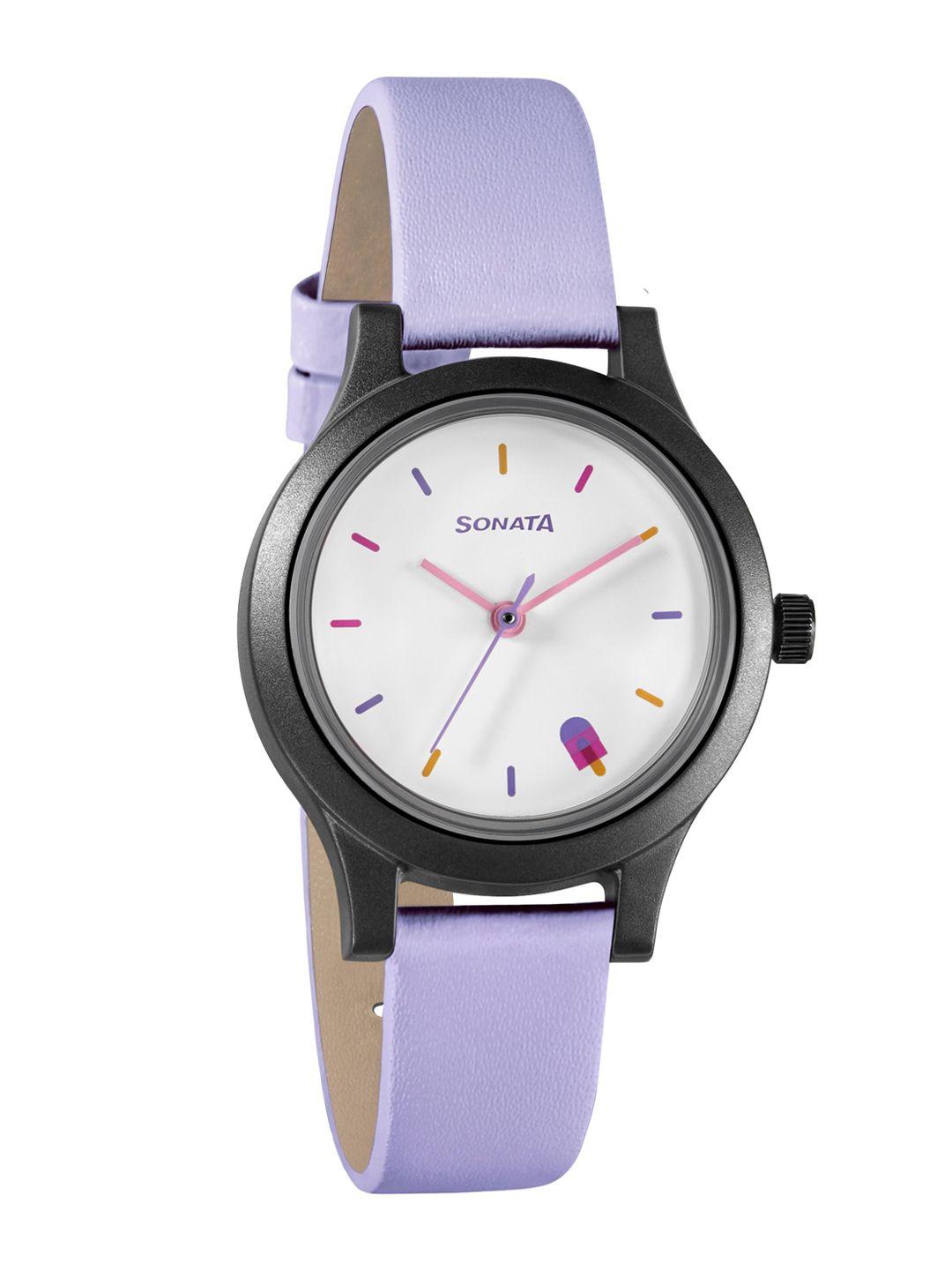 sonata women white dial & purple leather straps analogue watch 87030pl09w-white