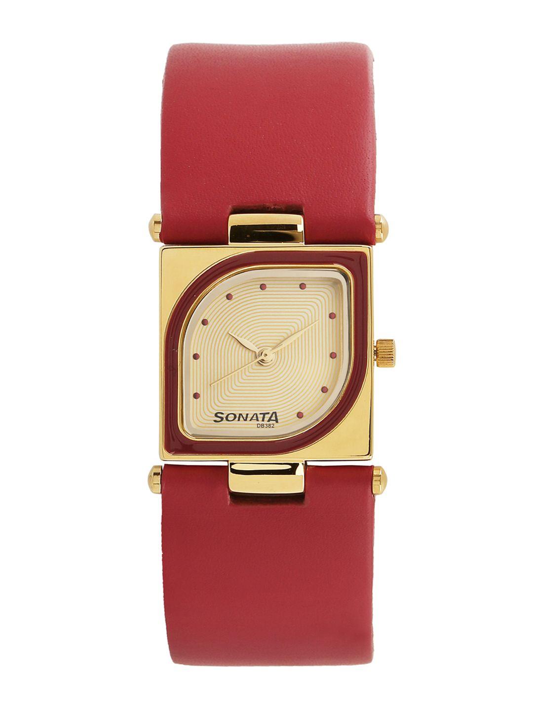 sonata yuva gents women red analogue watch nl8919yl04