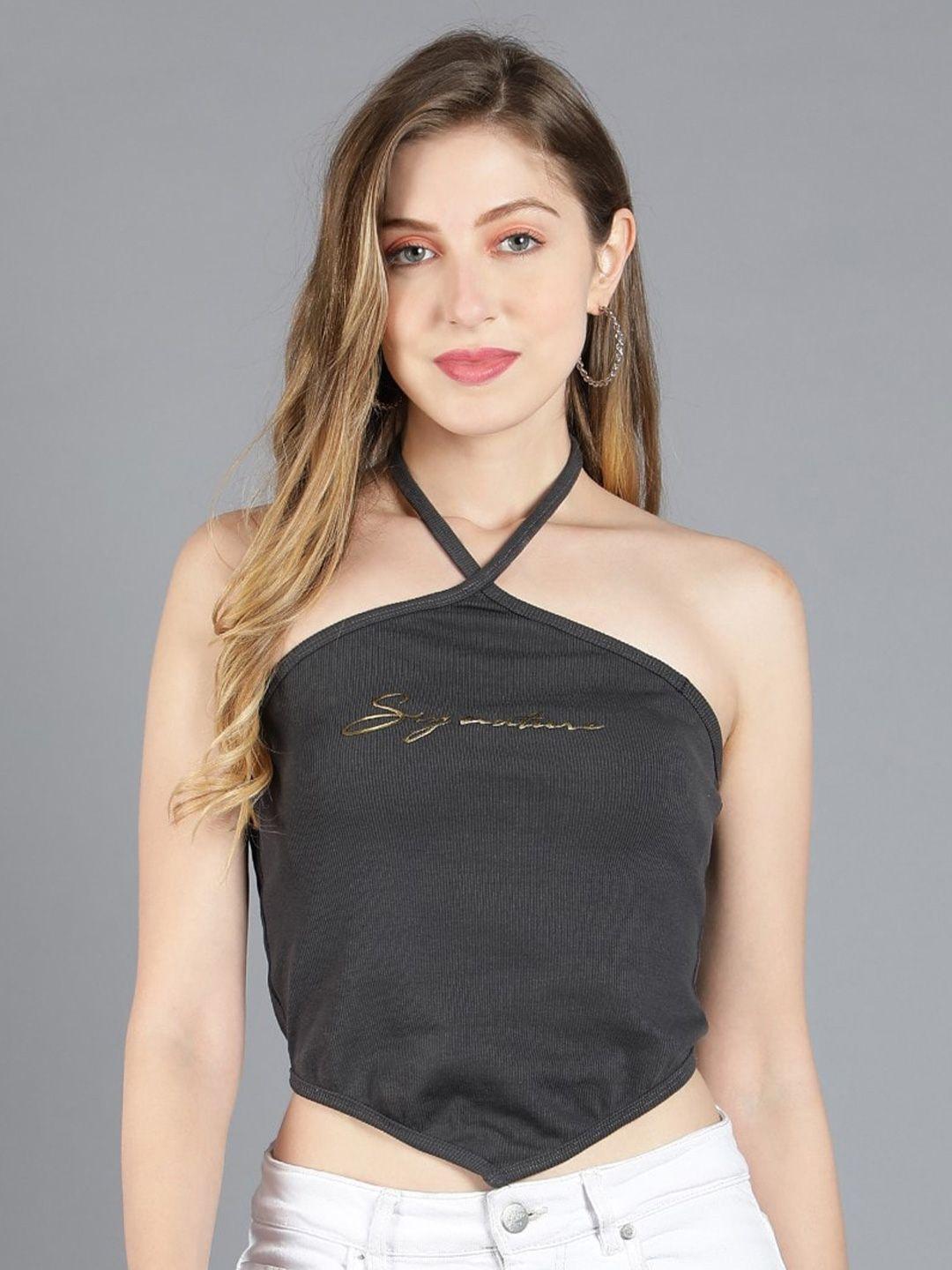 sonex gold typography printed halter neck crop top