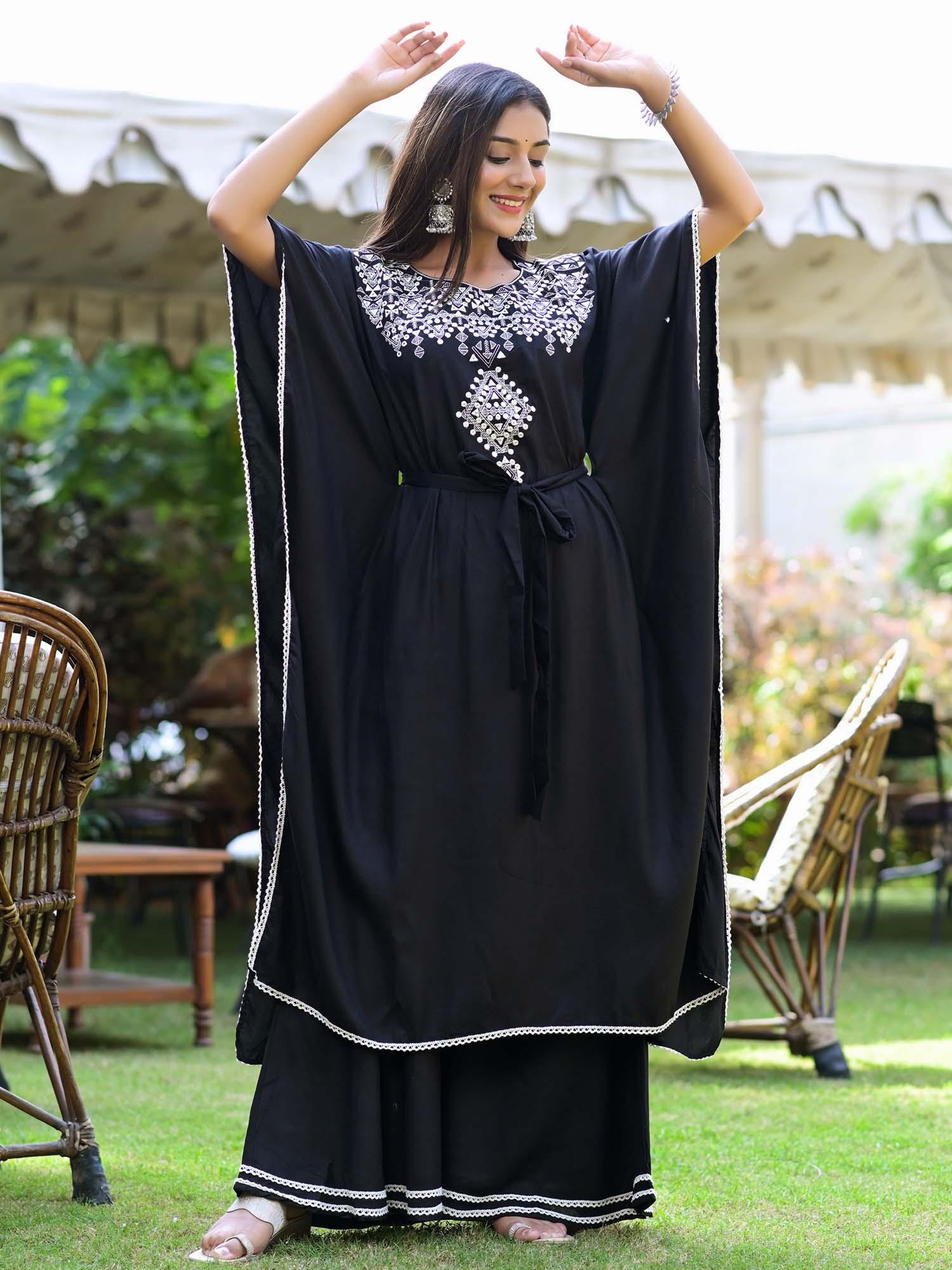 sooty black embroidered kaftan & palazzo (set of 2)