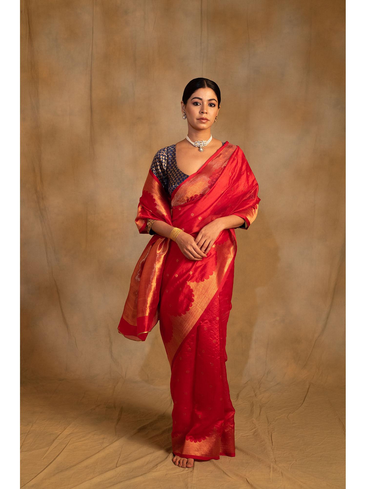 sora vermillion red silk chanderi saree with unstitched blouse