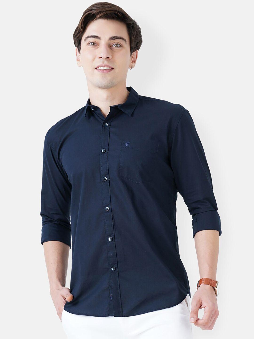 soratia men navy blue solid cotton slim fit casual shirt