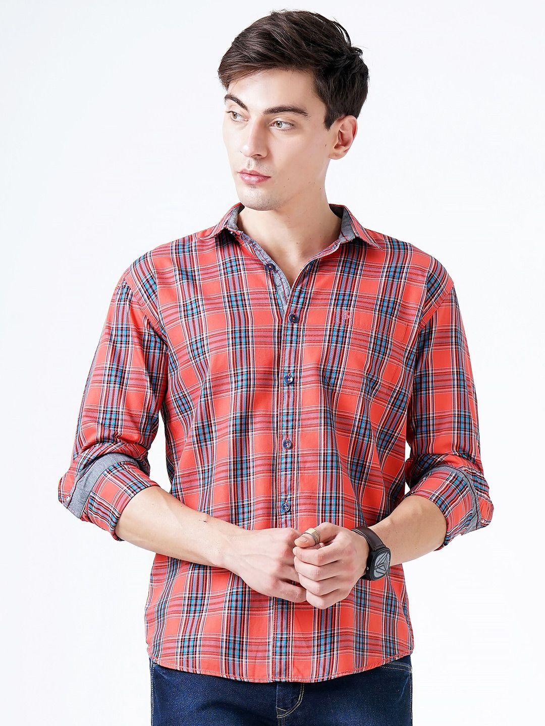 soratia men orange slim fit tartan checks checked casual shirt