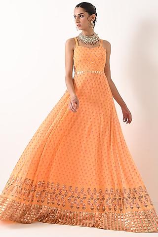 sorbet orange block printed anarkali set