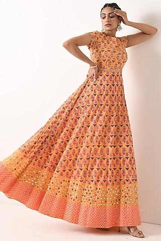 sorbet orange printed & embroidered anarkali set