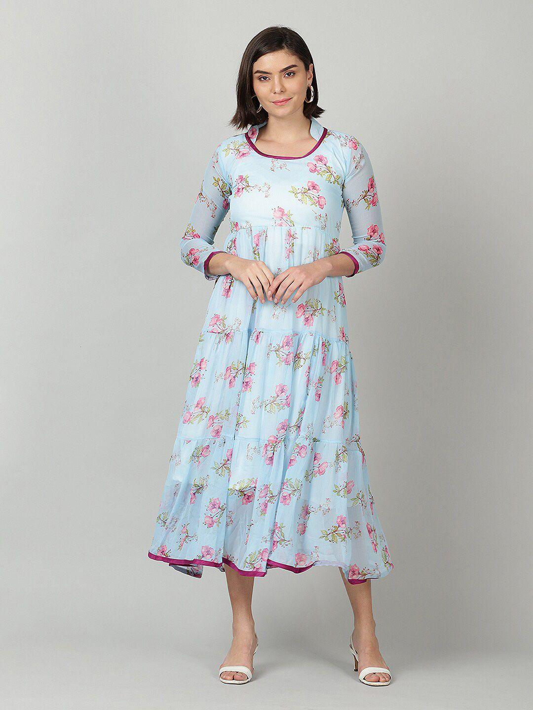 souchii blue floral print chiffon a-line midi dress