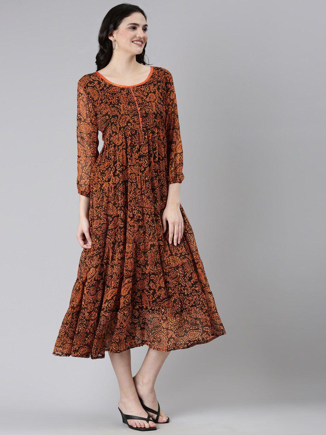 souchii coffee brown ethnic motifs print chiffon a-line midi dress
