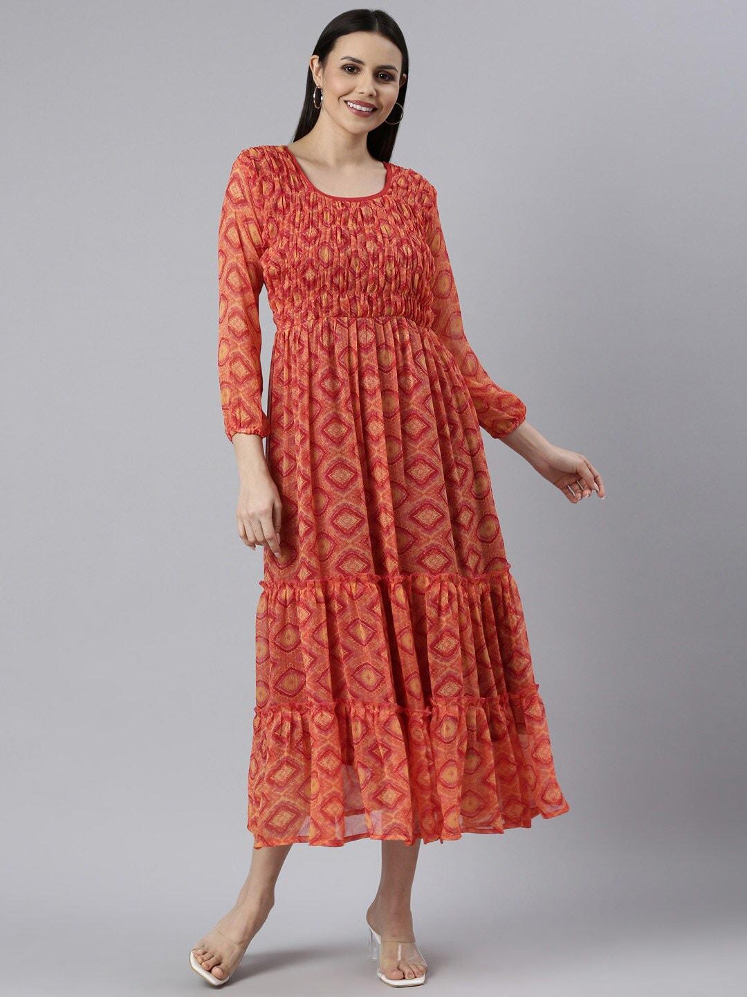 souchii ethnic motifs printed tiered fit & flare midi dress