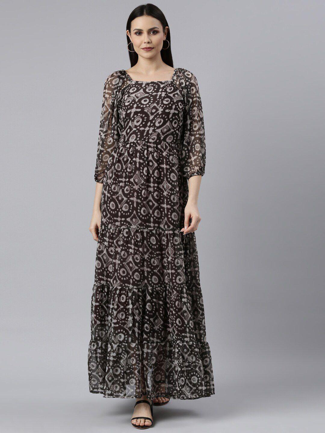souchii ethnic printed tiered square neck puff sleeve a-line dress
