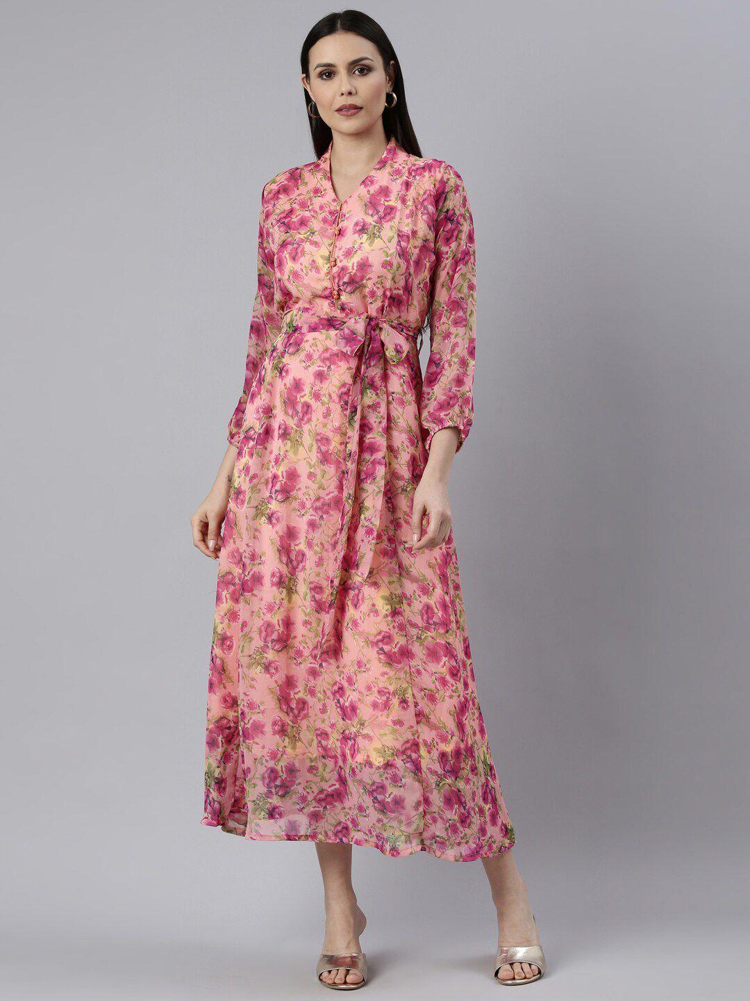 souchii floral printed v-neck belted fit & flare midi dress