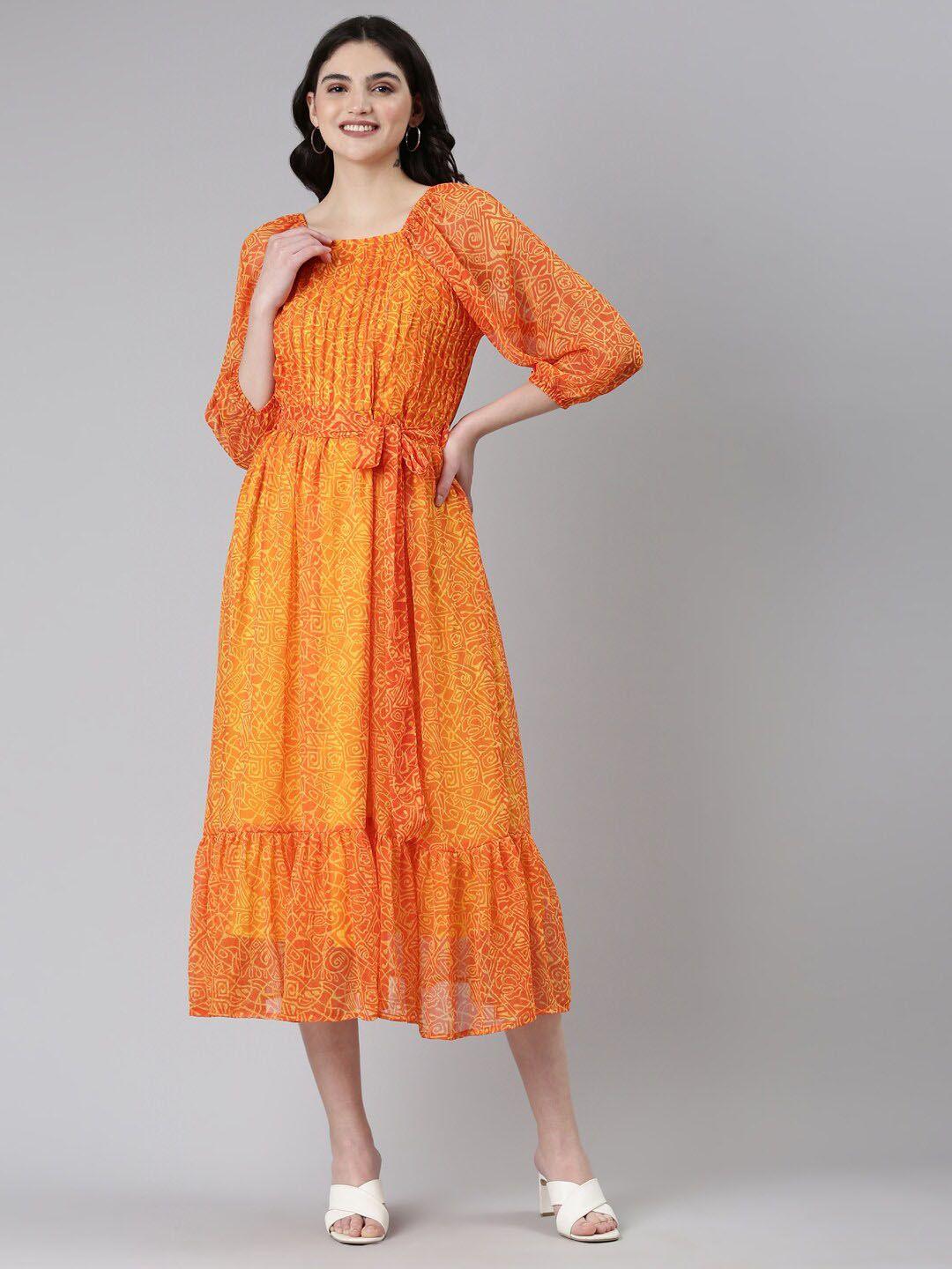 souchii mustard yellow ethnic motifs print chiffon a-line midi dress