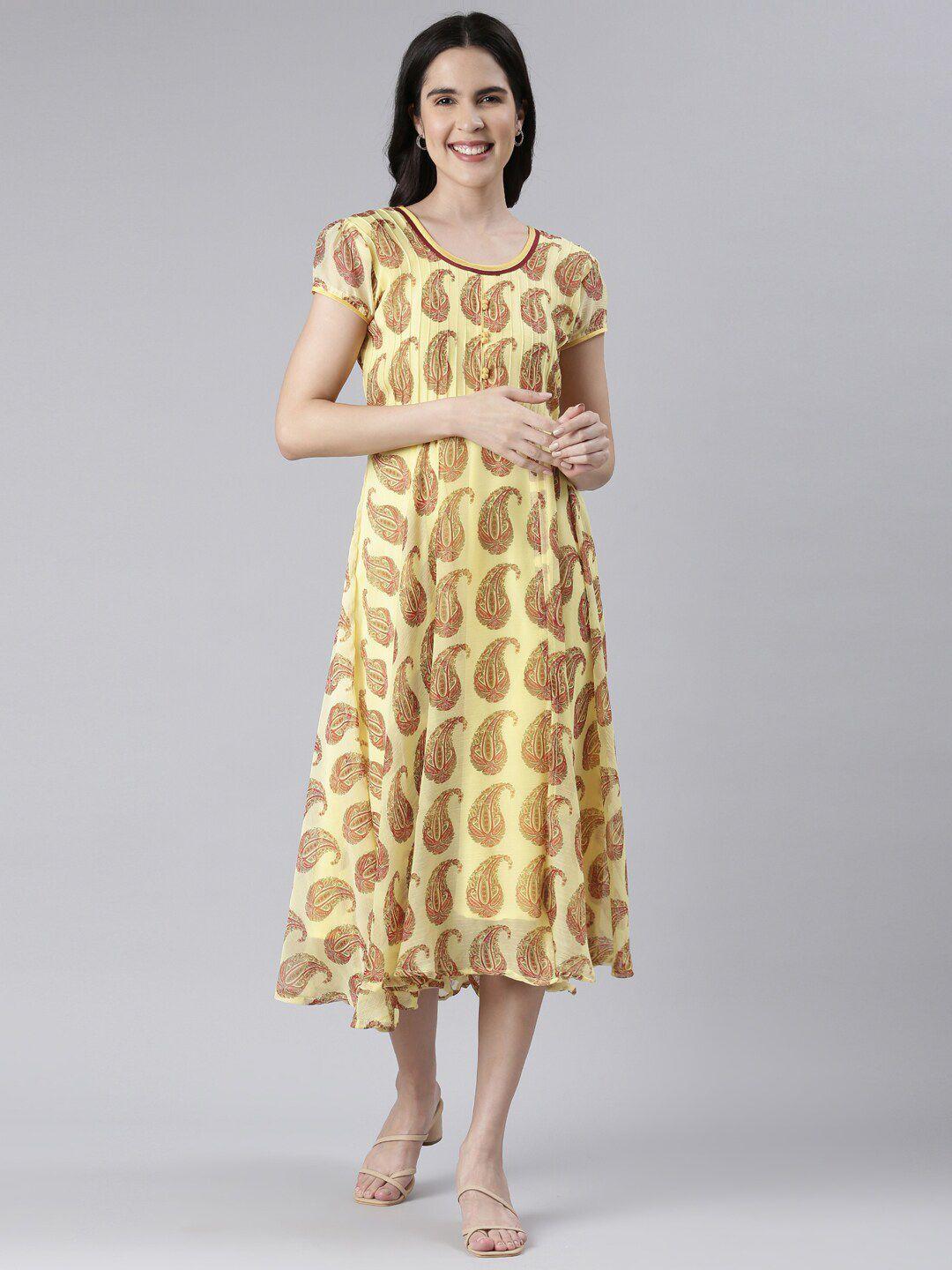 souchii paisley printed pleated a-line chiffon midi ethnic dress