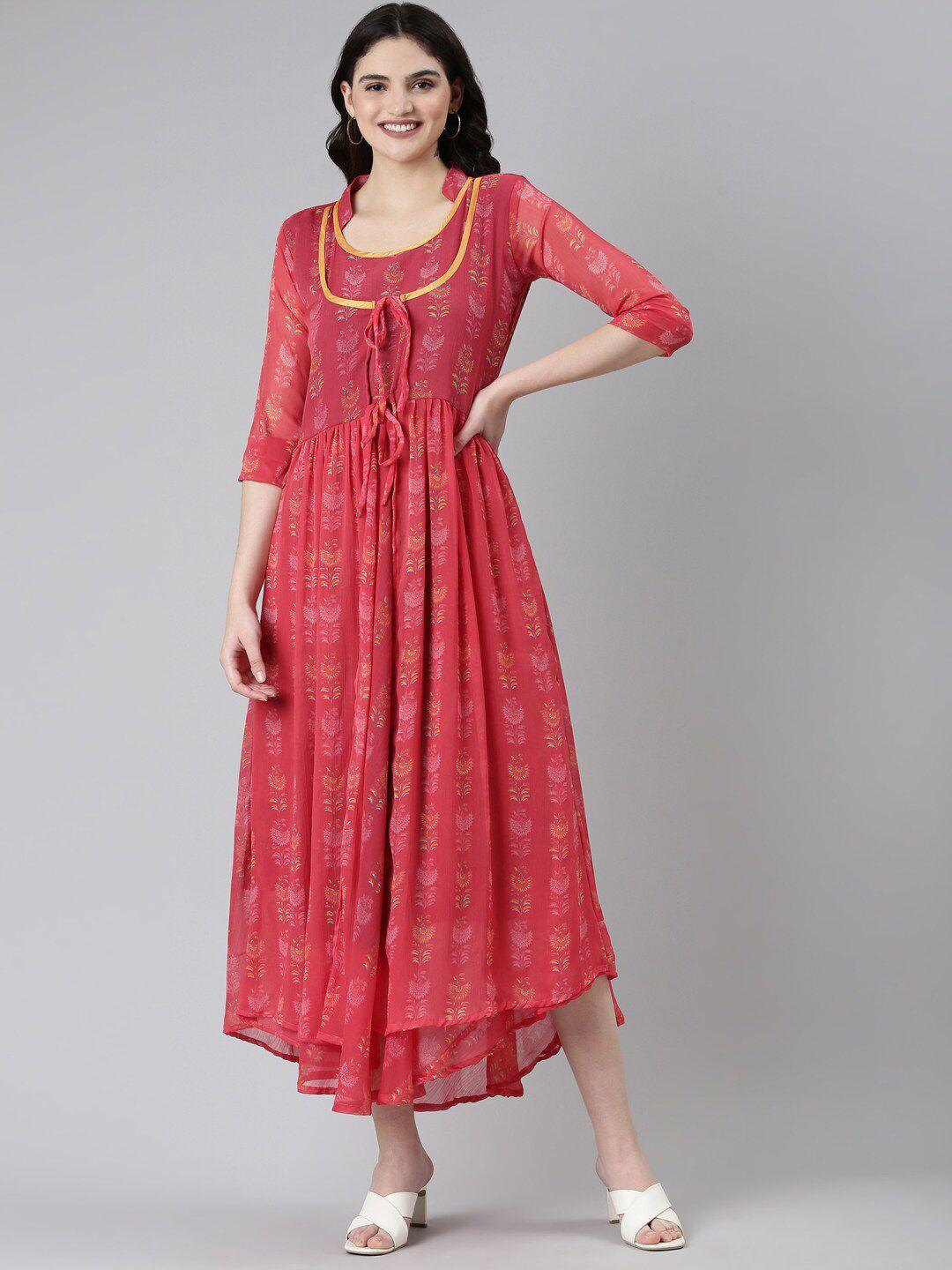 souchii red ethnic motifs print chiffon maxi dress