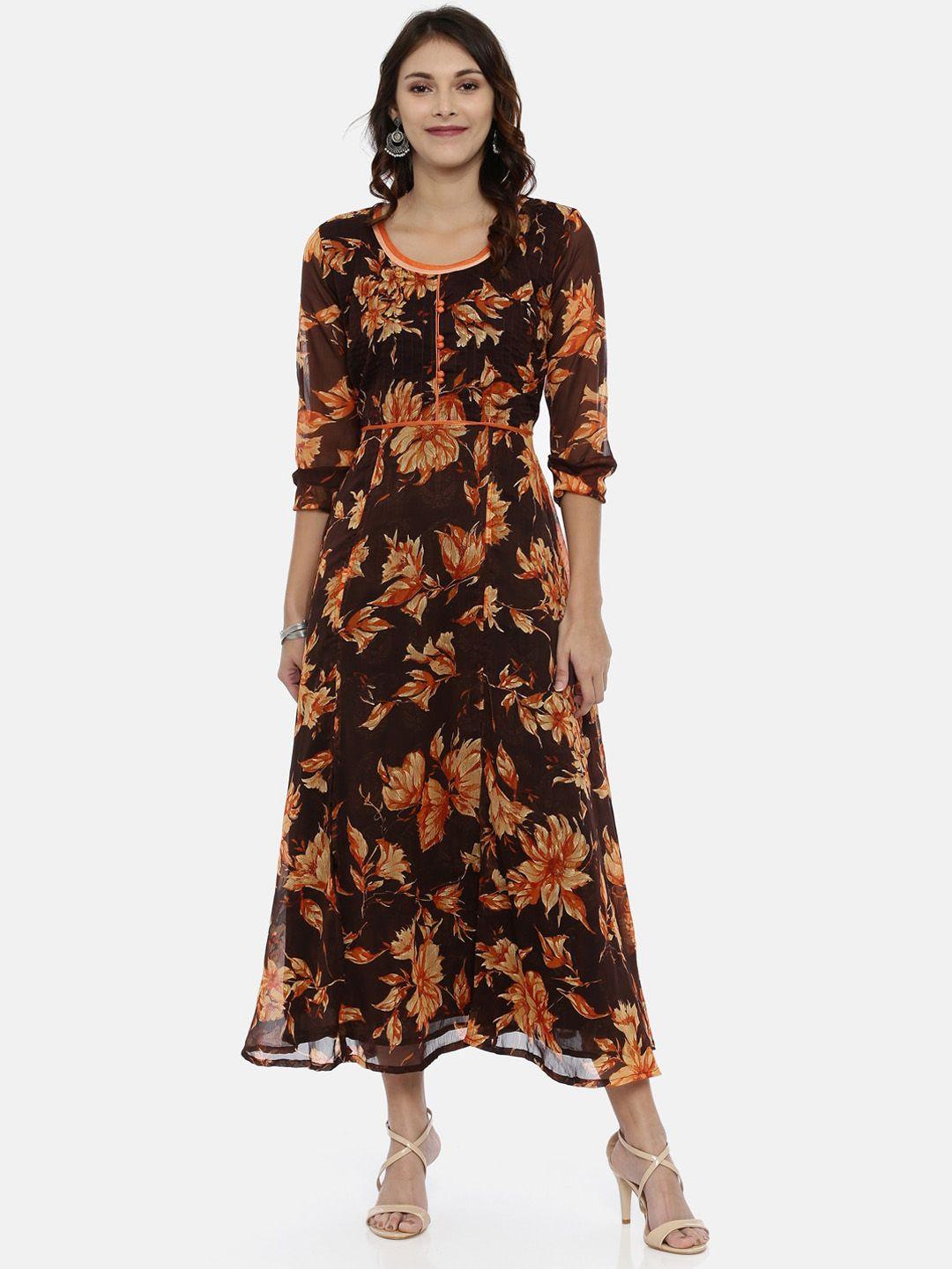 souchii women brown & orange floral printed chiffon maxi dress