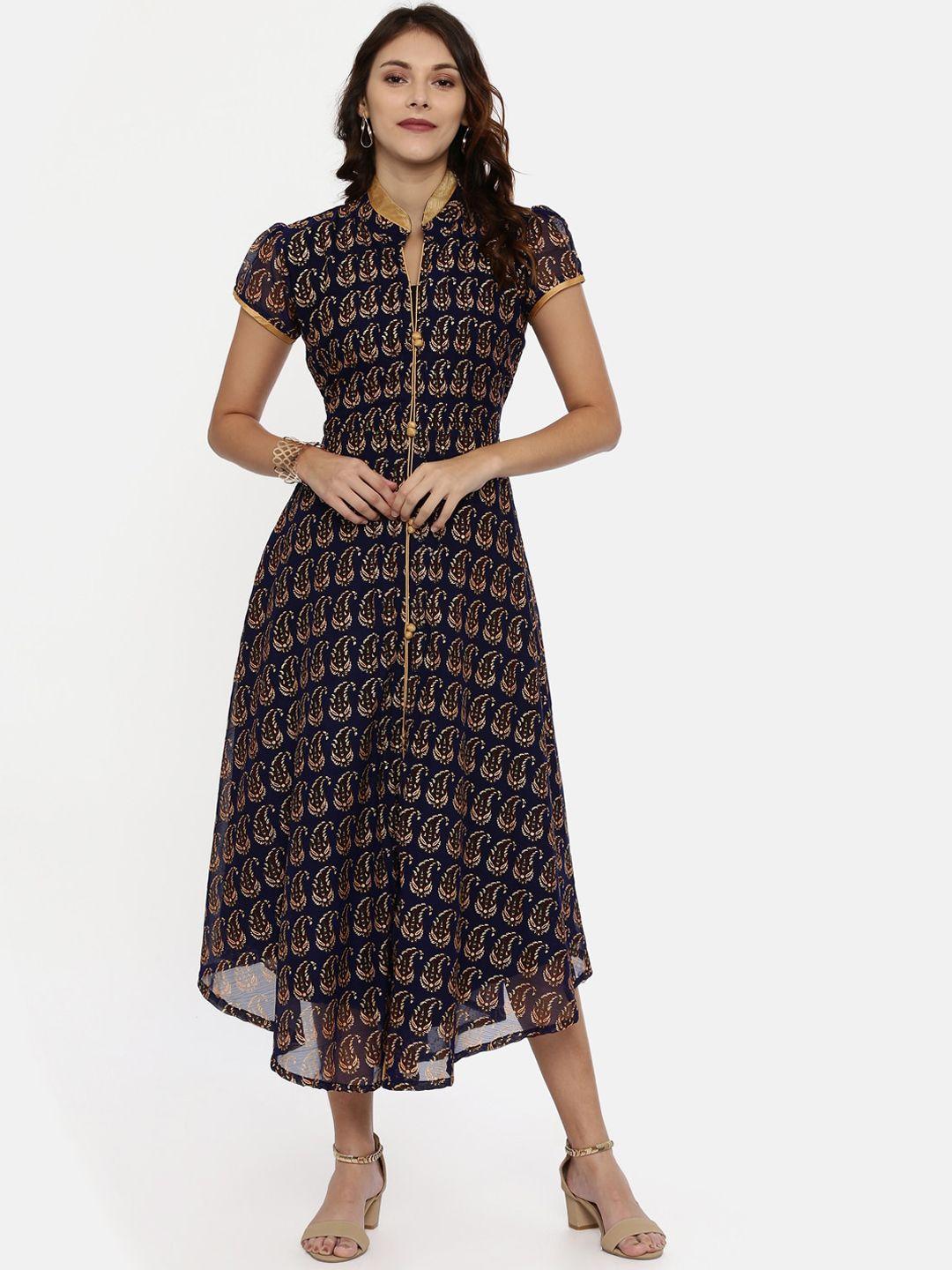 souchii women navy blue & gold floral print fit and flare dress