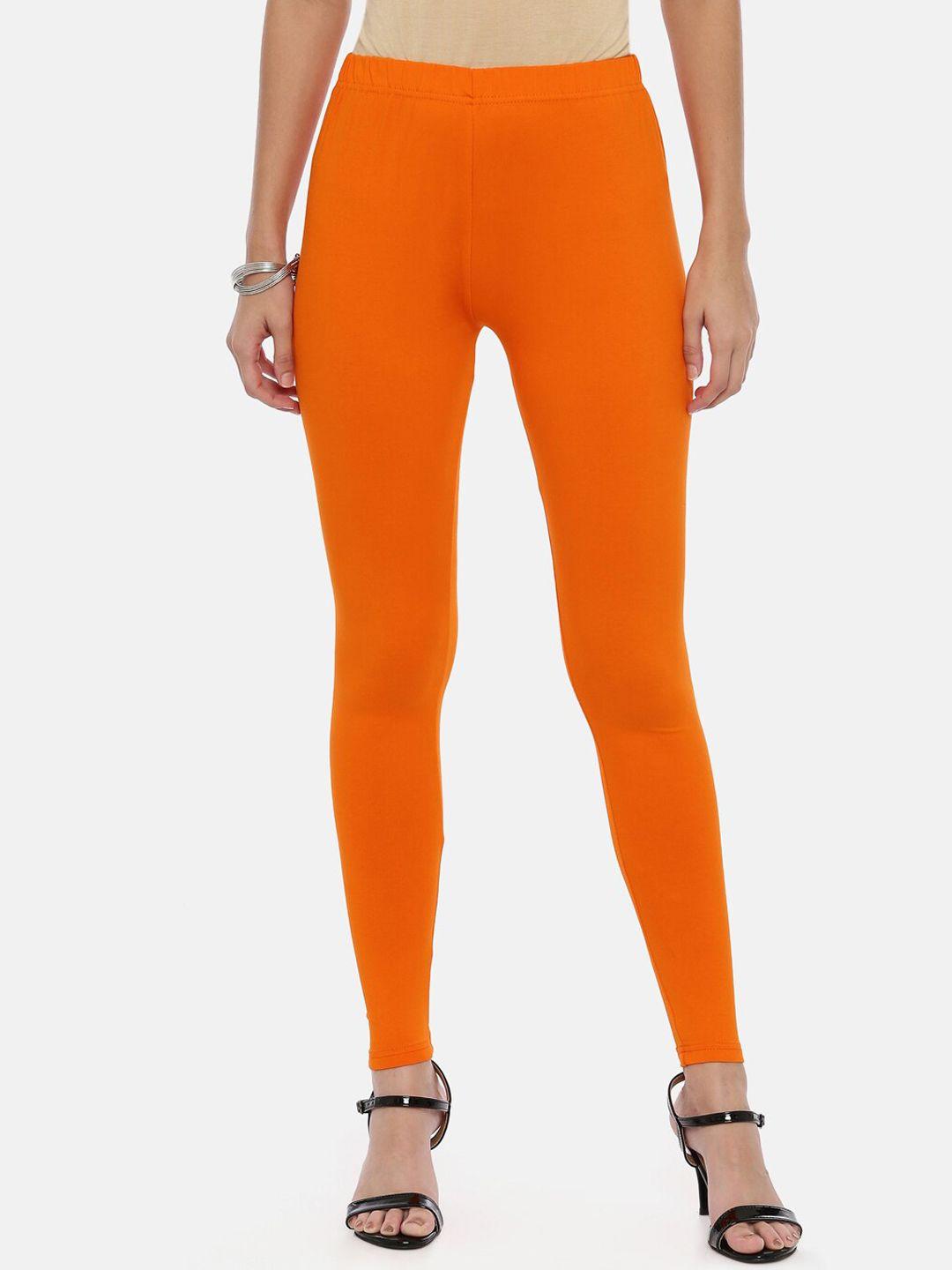 souchii women orange solid slim-fit ankle-length leggings