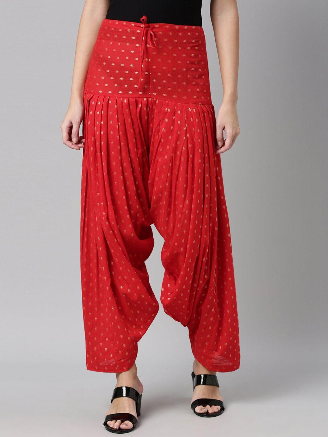 souchii women red & gold-coloured woven design pure cotton patiala