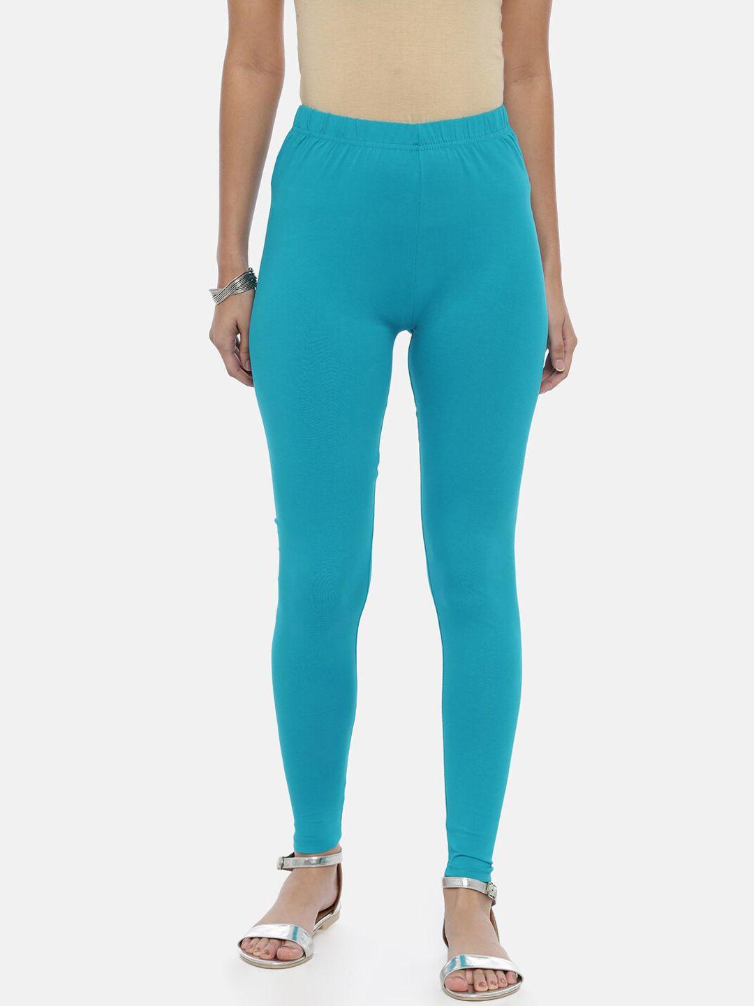souchii women turquoise blue solid slim-fit ankle-length leggings