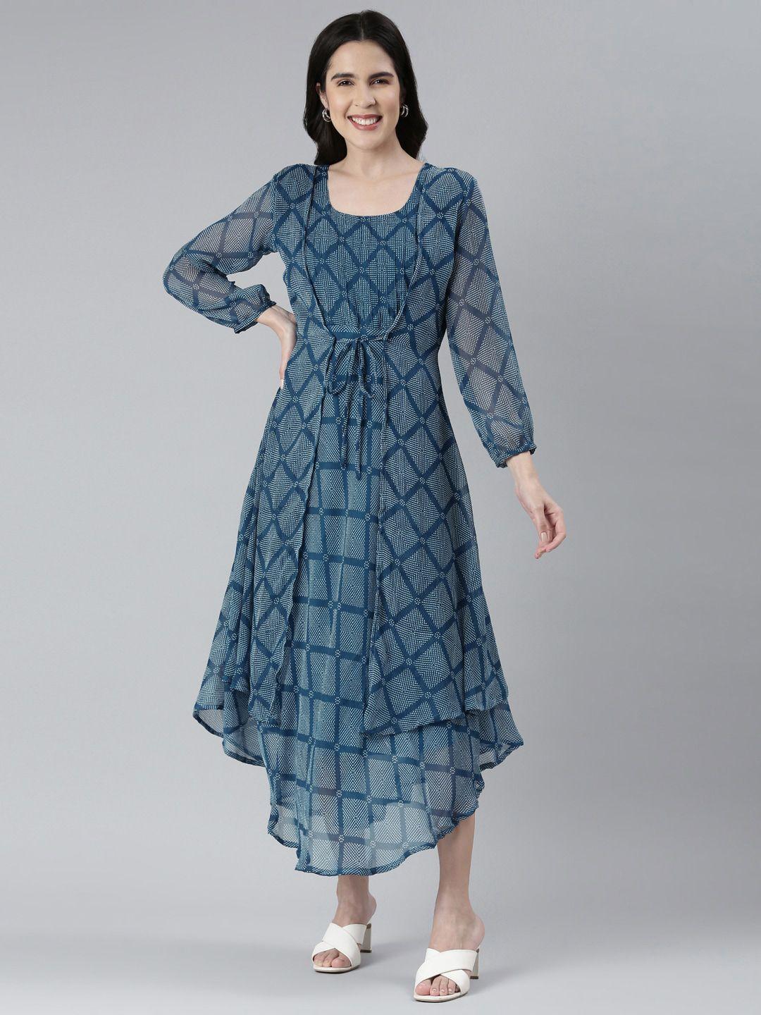souchii abstract printed layered high-low semi sheer chiffon a-line midi dress