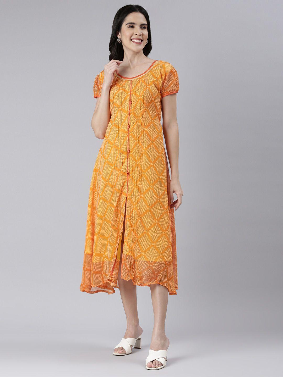 souchii abstract printed puff sleeves semi sheer a-line chiffon midi ethnic dress