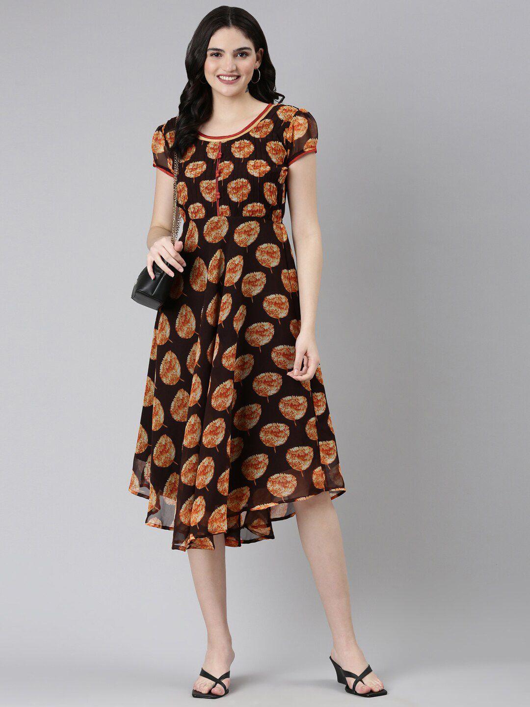souchii brown ethnic motifs print chiffon a-line midi dress