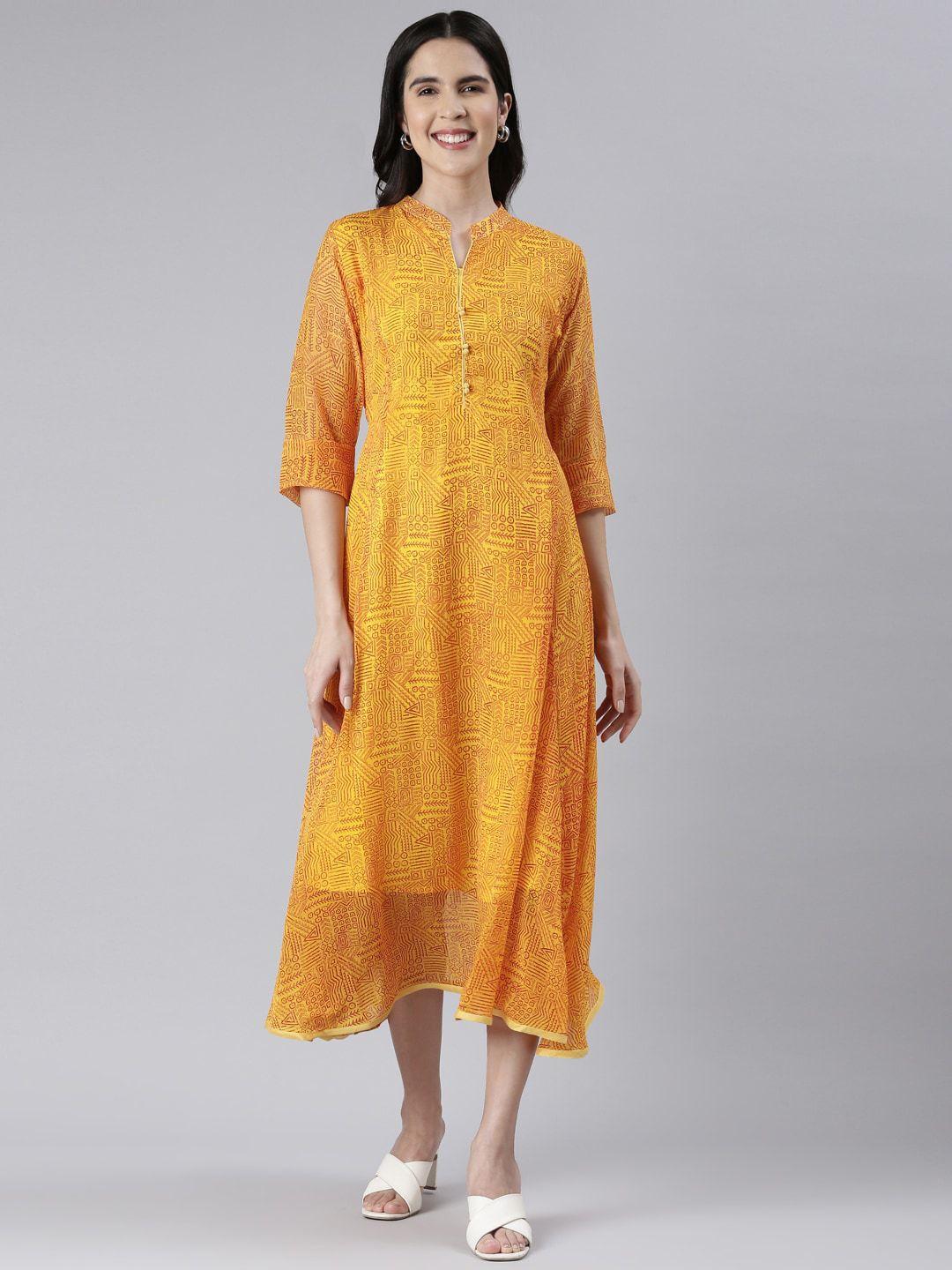 souchii ethnic motifs printed mandarin collar a-line chiffon midi ethnic dress