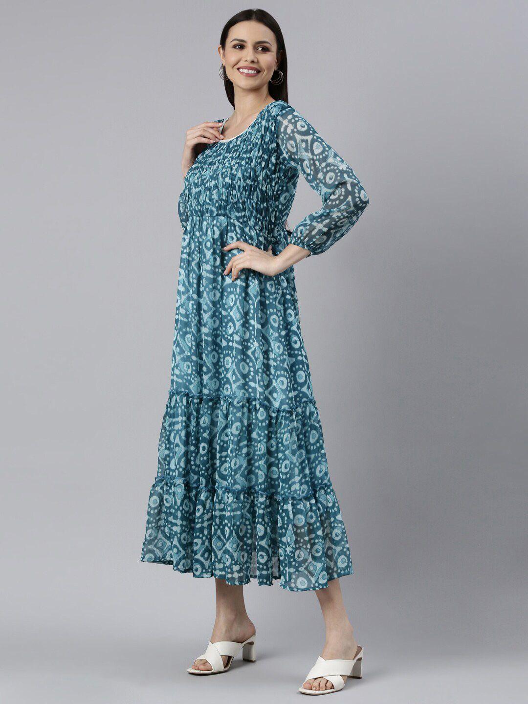 souchii ethnic motifs printed smocked a-line midi dress