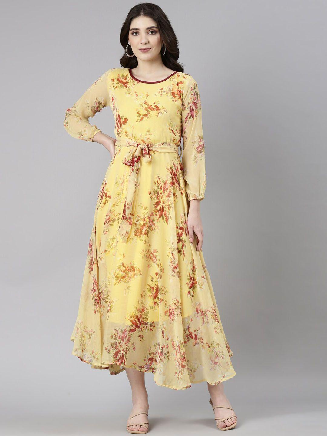 souchii floral printed cuffed sleeves chiffon fit and flare midi ethnic dress