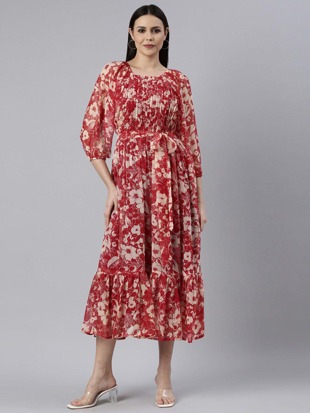 souchii floral printed puff sleeve a-line midi dress