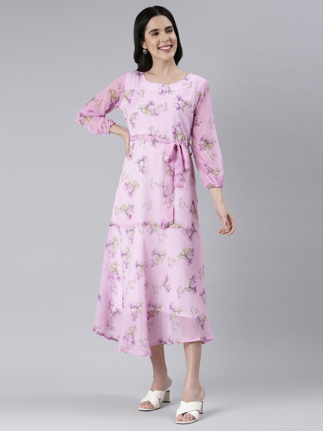 souchii floral printed puff sleeve semi sheer belted chiffon a-line midi dress