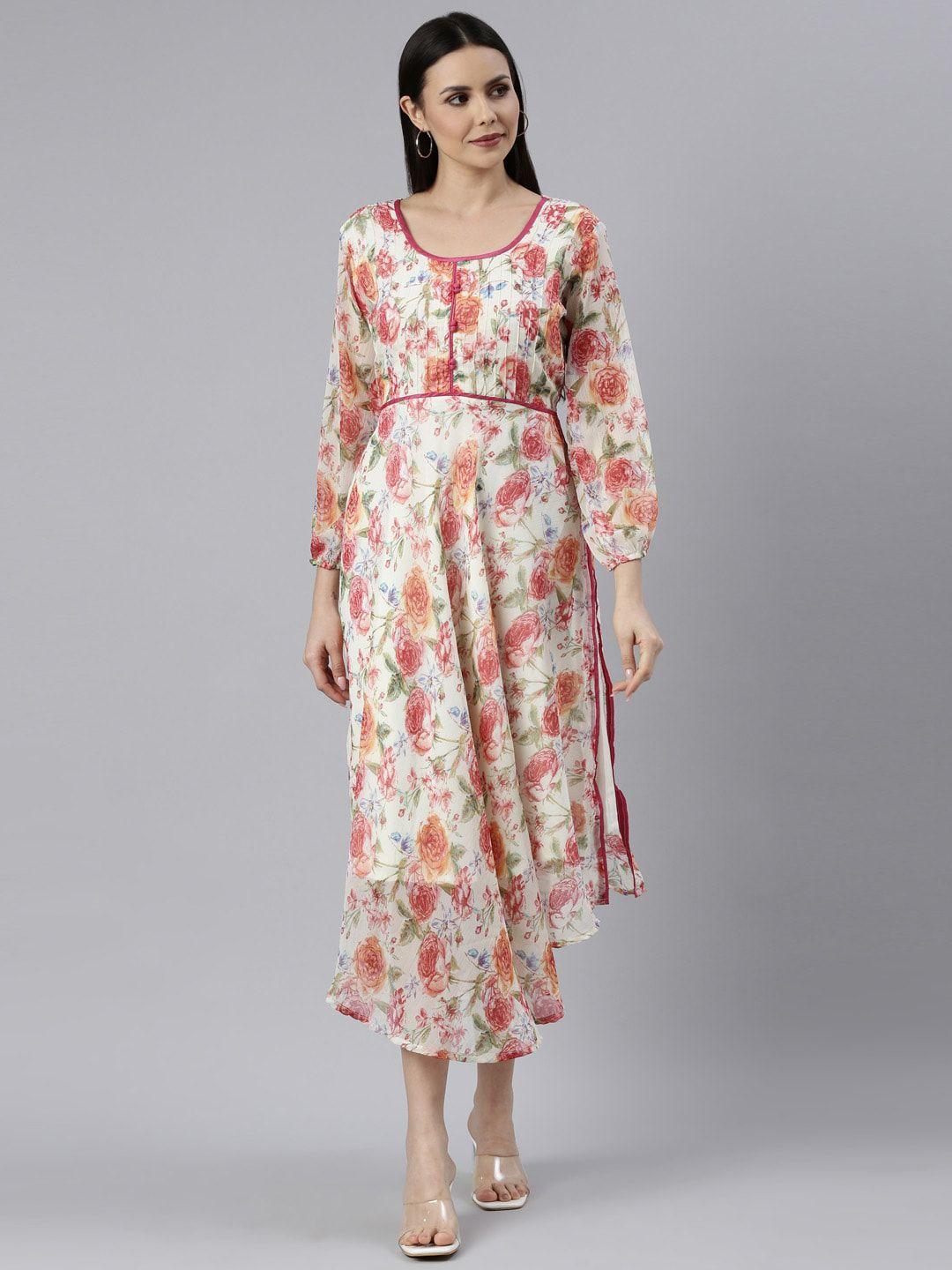 souchii floral printed round neck belted fit & flare midi dress