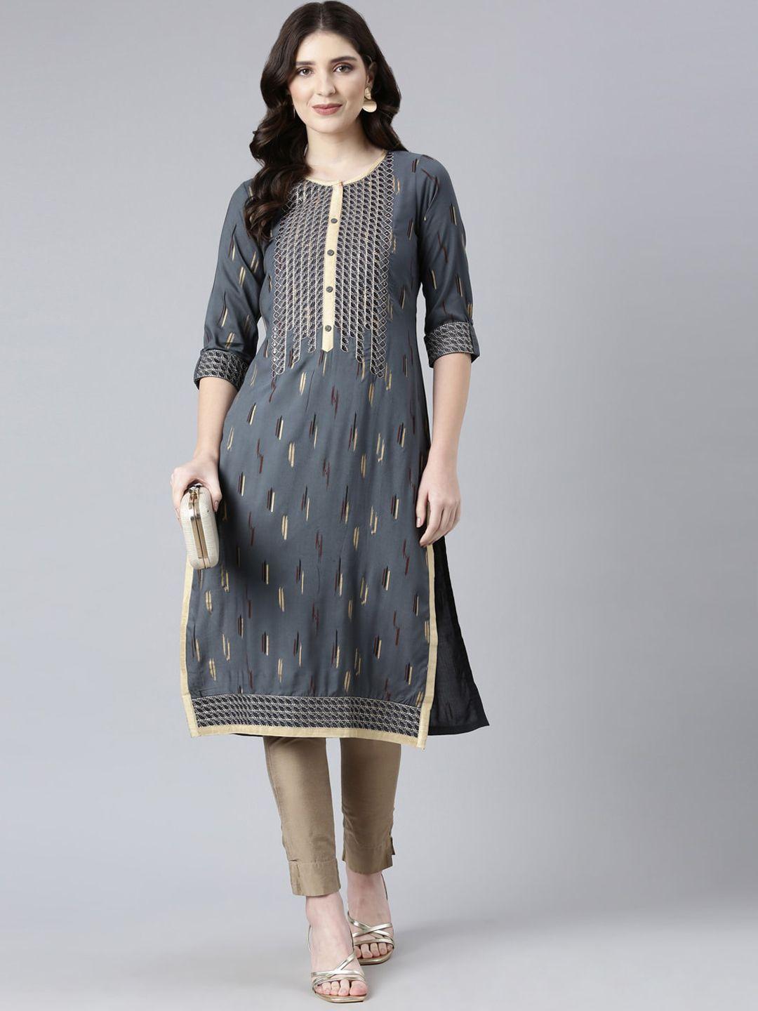 souchii geometric printed roll-up sleeves thread work straight kurta