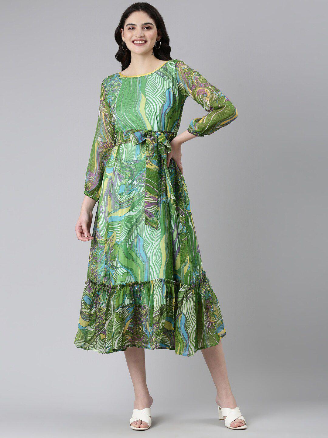 souchii green floral print puff sleeve chiffon a-line midi dress