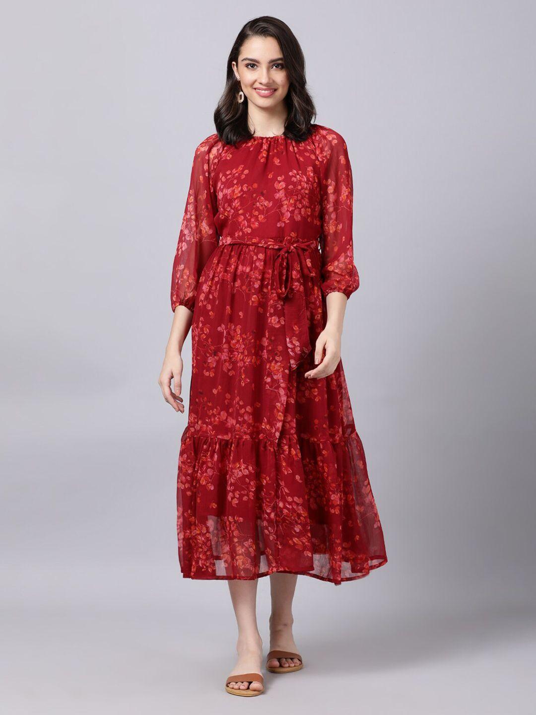 souchii maroon floral layered chiffon a-line midi dress