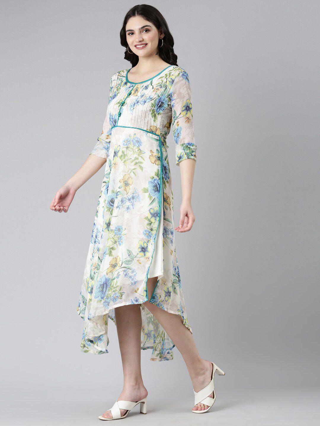 souchii off white floral print chiffon a-line midi dress