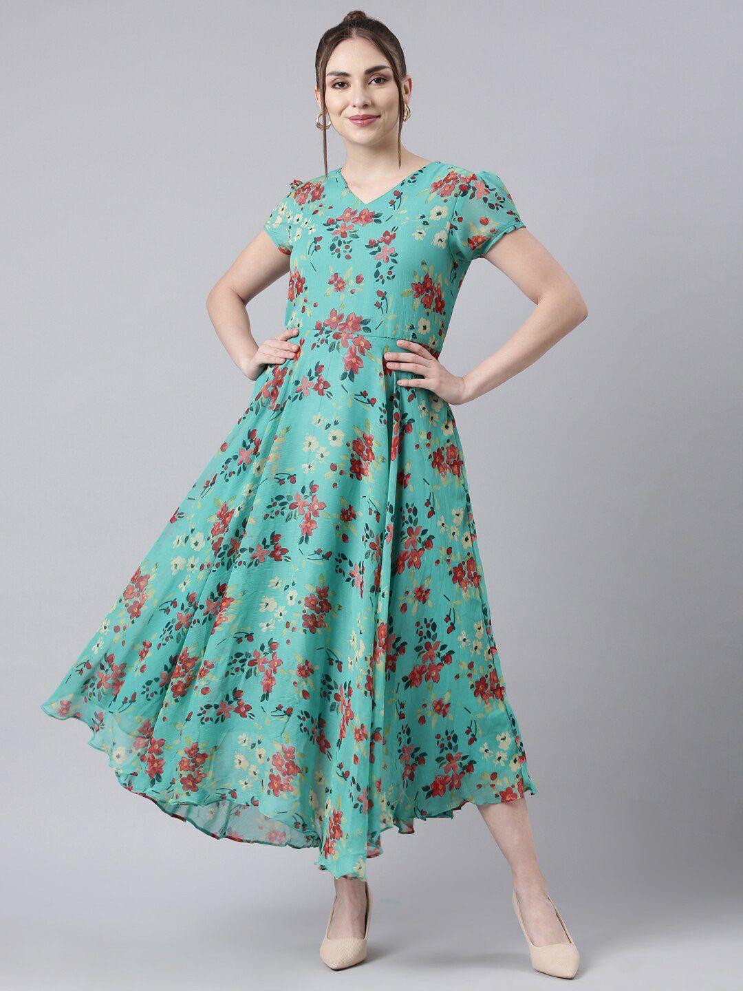 souchii printed v-neck puff sleeves fit and flare midi ethnic dress
