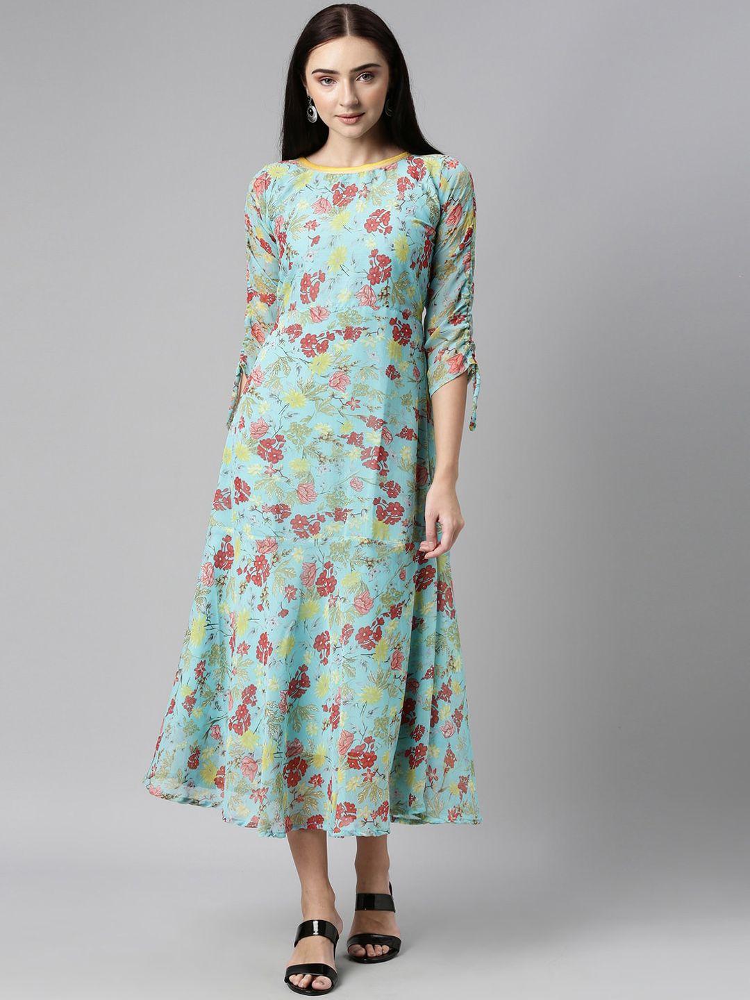 souchii women blue floral printed chiffon a-line midi dress