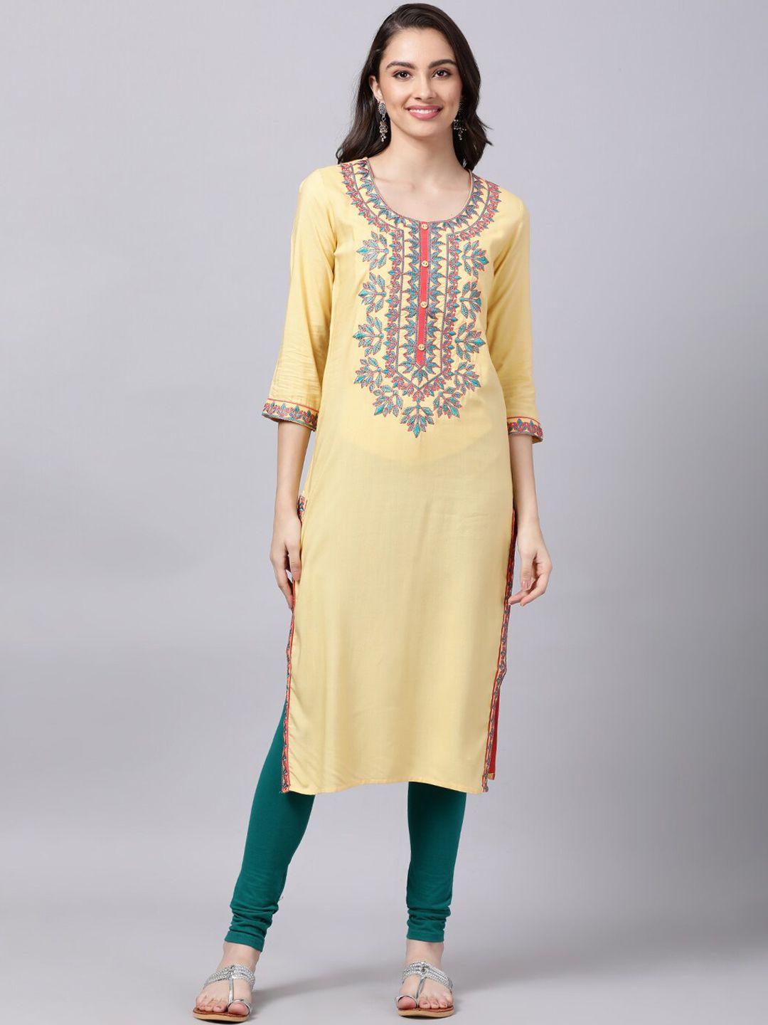 souchii women cream-coloured ethnic motifs embroidered kurta