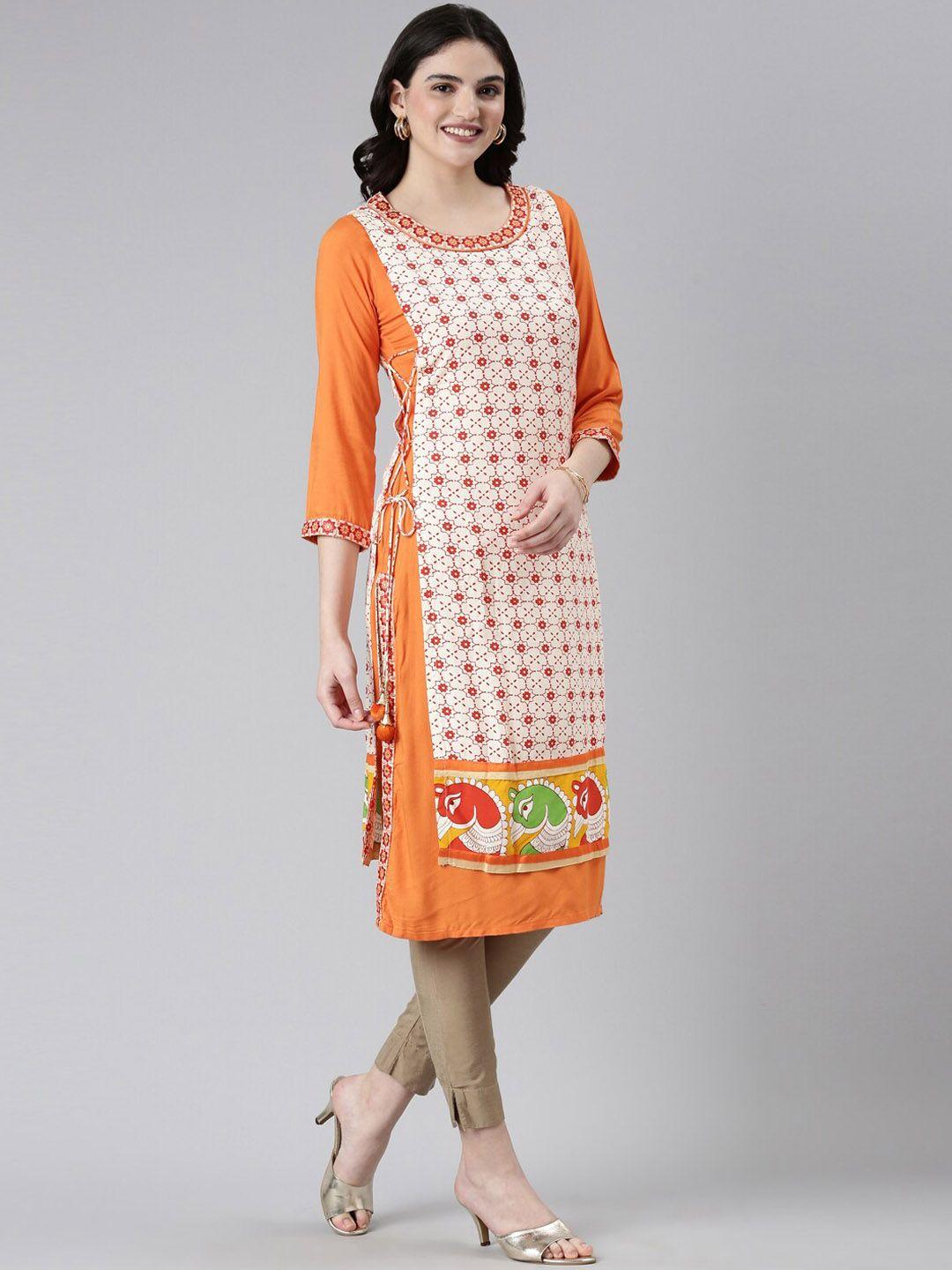 souchii women cream-coloured geometric yoke design sequinned indie prints liva kurta