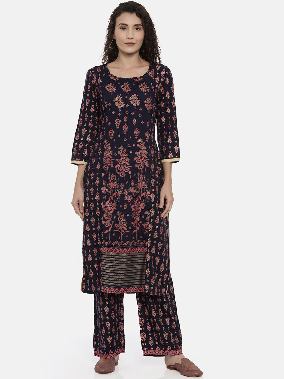 souchii women navy blue & pink printed kurta with palazzos