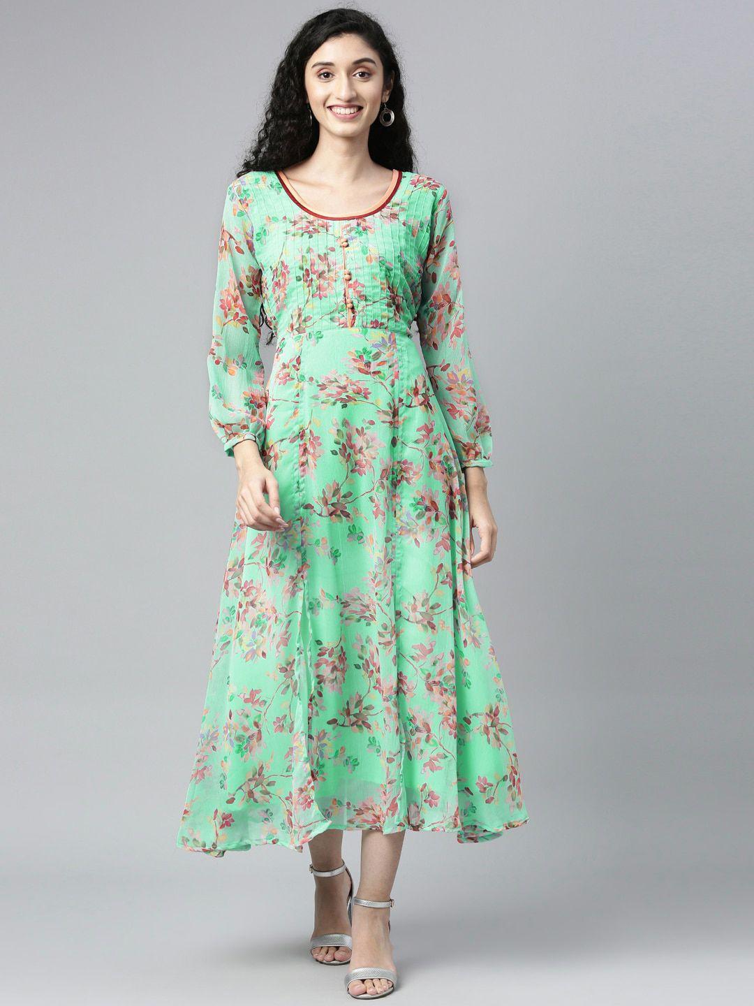 souchii women sea green floral chiffon maxi dress