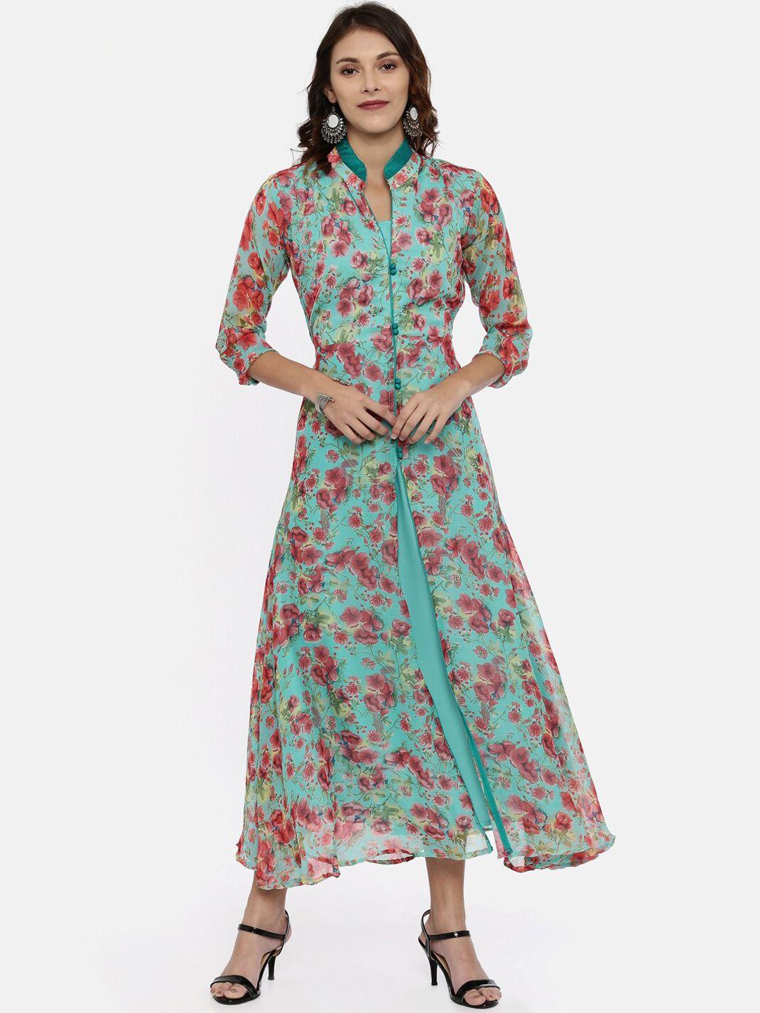 souchii women turquoise blue & pink floral print ethnic maxi dress