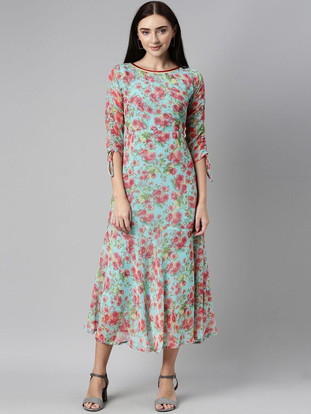 souchii women turquoise blue floral printed chiffon a-line midi dress