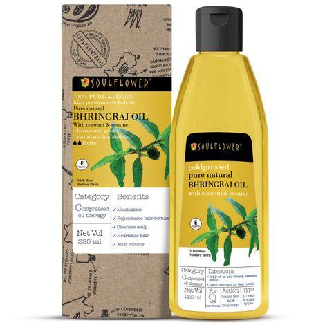soulflower coldpressed bhringraj hair oil with coconut and sesame for damaged, frizzy hair, premature greying, baldness & hair loss , 100% pure and natural, herby, 225ml